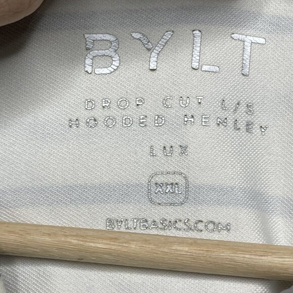 BYLT Mens Drop Cut L/S Hooded Henley Lux XXL Off-White Navy Striped - Picture 3 of 7